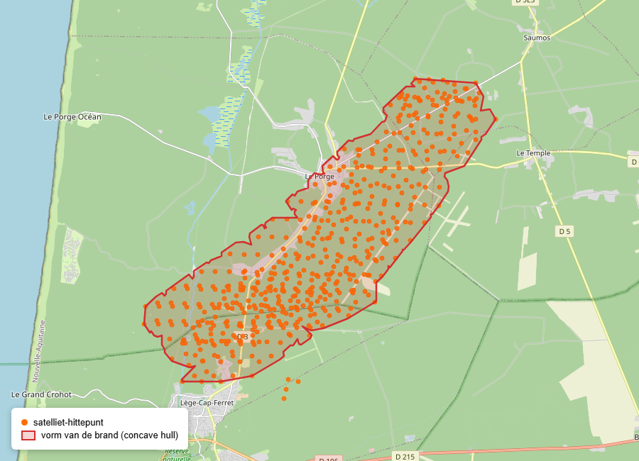 Punti di calore satellitari e la forma calcolata dell'incendio boschivo vicino a Le Porge, luglio 2026